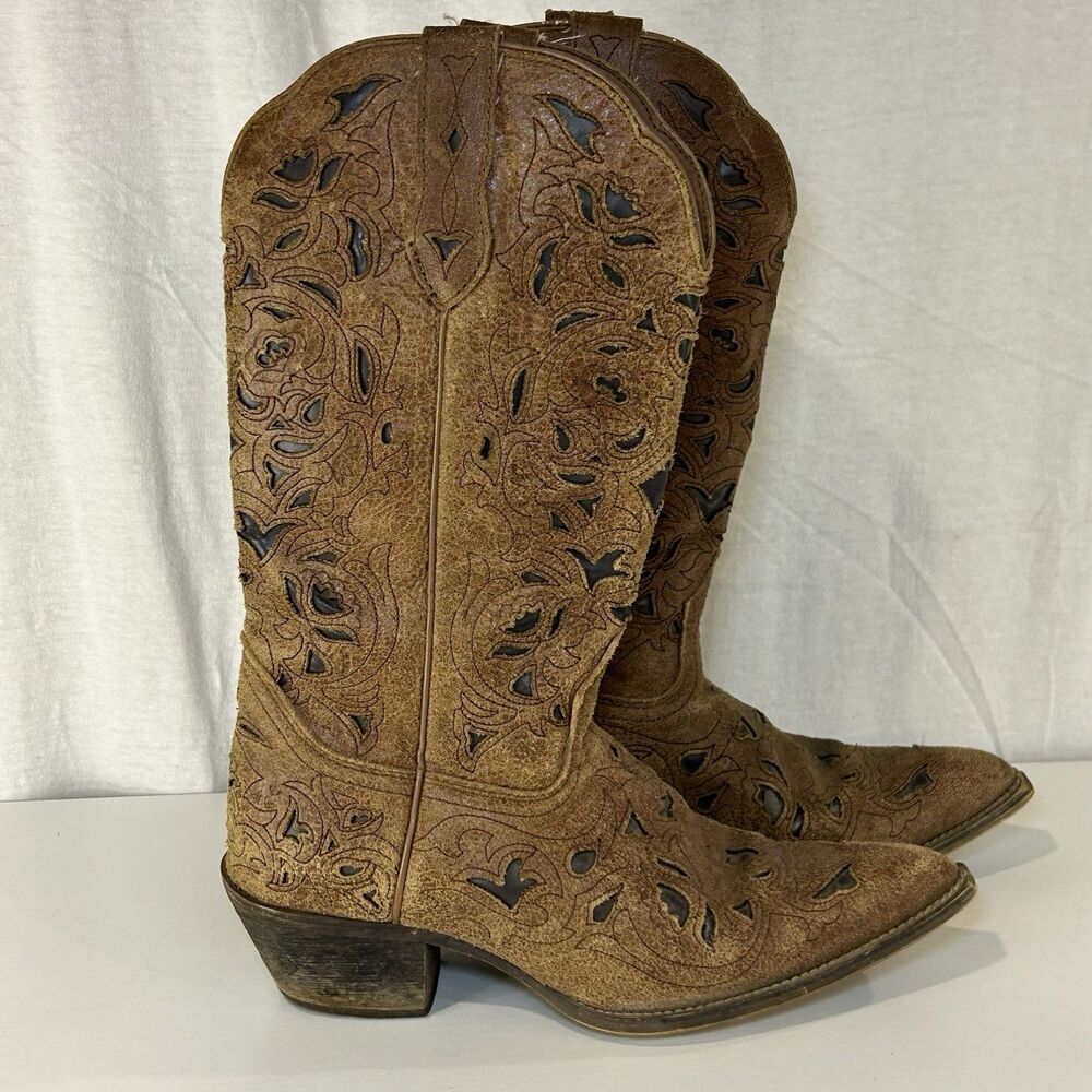 Laredo Brown Leather Cowboy Boots Cutout Women’s 6M Miranda‎ 52101 Western